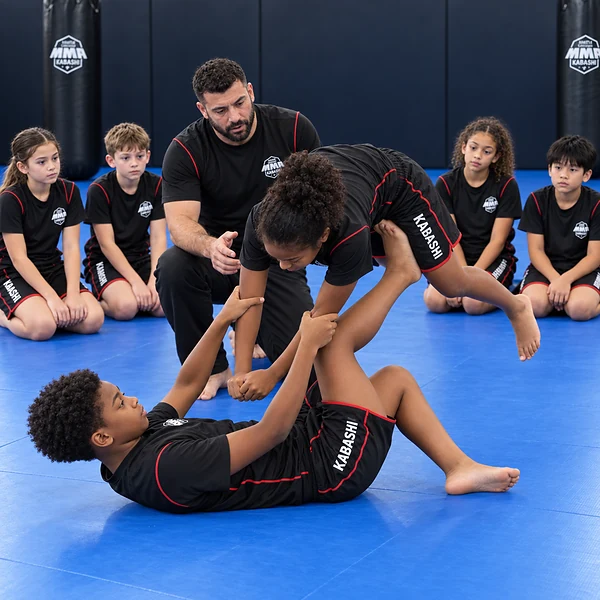 Young martial-arts students practising a controlled throwing entry