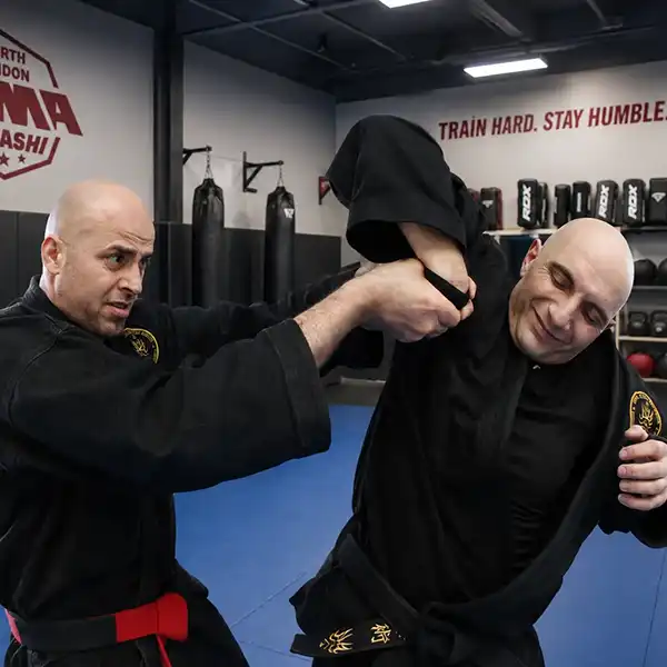 Close-range martial-arts arm control for self-defence